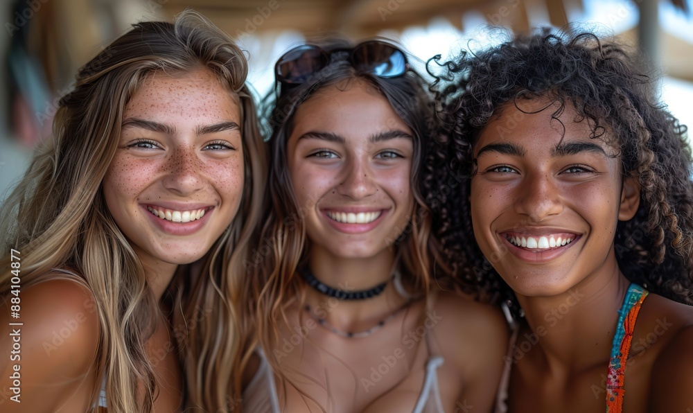 A cheerful group of multiracial young people enjoyed their summer vacation together, laughing out loud on a sunny day. A cheerful group of multiracial young people enjoyed their summer vacation together, laughing out loud on a sunny day.