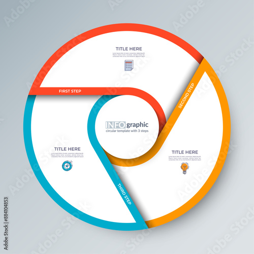 Infographic circular diagram with 3 options. Multi-step process chart with colorful segments, ideal for visualizing data, business strategies, educational concepts.