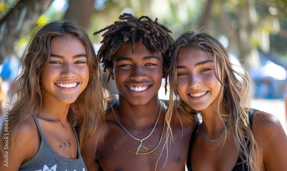 Smiling at the camera, a group of best friends, including guys and girls, hang out together on a summer day, their laughter echoing as they enjoy each other's company. Smiling at the camera, a group of best friends, including guys and girls, hang out together on a summer day, their laughter echoing as they enjoy each other's company.