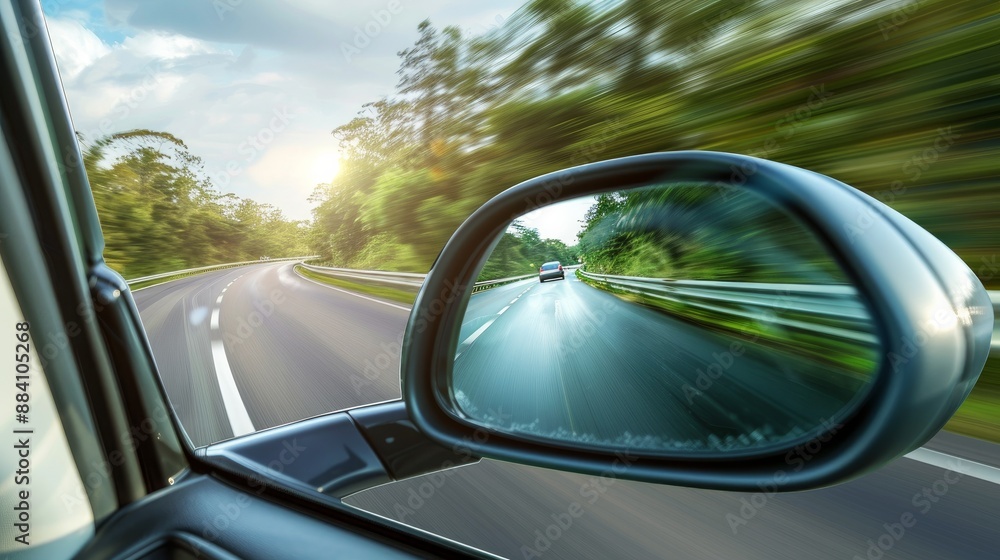 Image of a fast-moving vehicle seen in the right side mirror Image of a fast-moving vehicle seen in the right side mirror