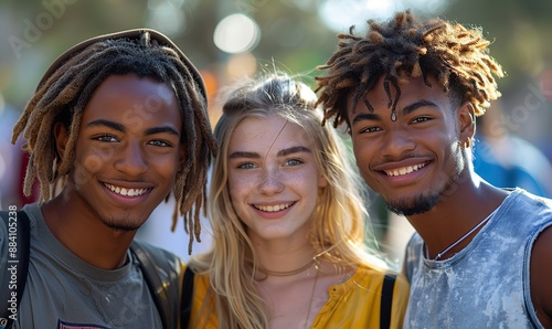 Happy young friends, including multiracial individuals, hang out on a sunny day, taking a selfie while smiling at the camera, embracing friendship.