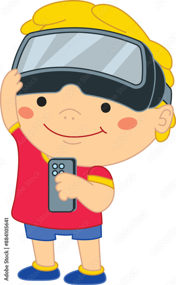 Smiling boy enjoying a vr experience, holding a controller and wearing a virtual reality headset Smiling boy enjoying a vr experience, holding a controller and wearing a virtual reality headset