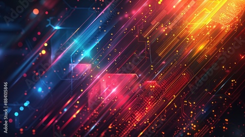 Abstract Futuristic Technology Background. Vibrant Neon Lights and Geometric Shapes