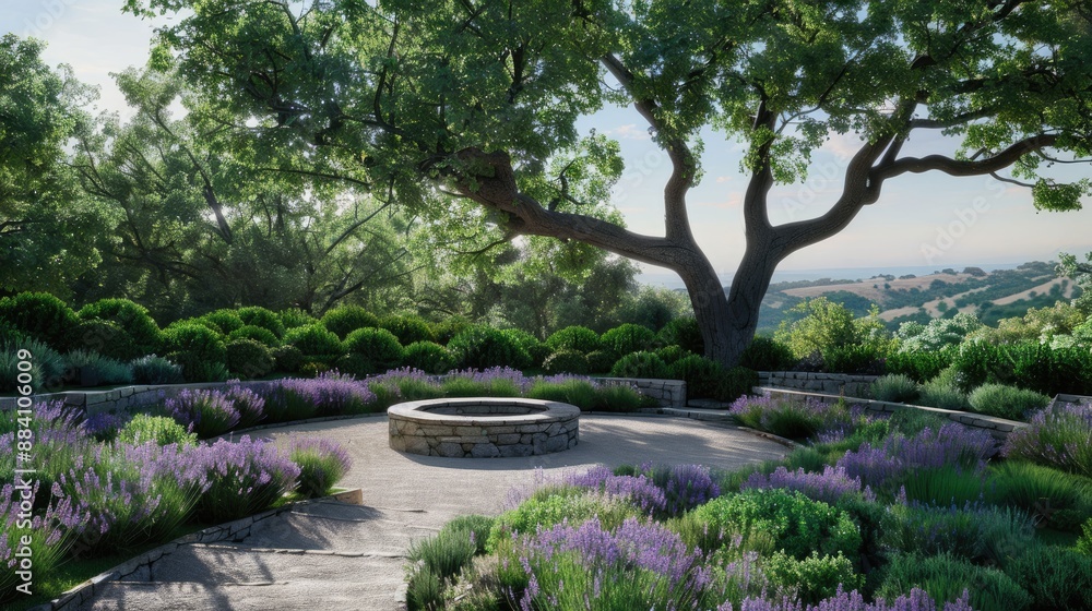 A serene garden with a circular stone meditation area, surrounded by lavender and rosemary bushes, with a large oak tree providing shade. A serene garden with a circular stone meditation area, surrounded by lavender and rosemary bushes, with a large oak tree providing shade.