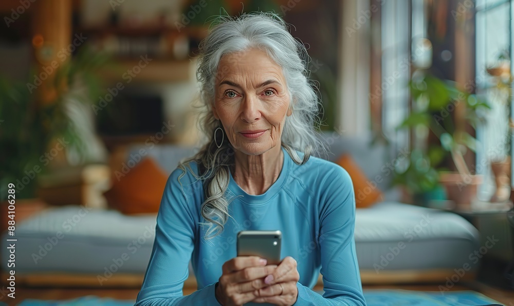 Senior female training at home while holding smartphone and using fitness app on the phone, concept about people, sport, and quarantine. Senior female training at home while holding smartphone and using fitness app on the phone, concept about people, sport, and quarantine.
