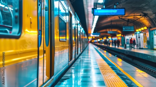 Wallpaper Mural A contemporary subway platform bathed in warm lighting, showcasing a polished, clean environment with vibrant yellow accents, epitomizing urban life and travel. Torontodigital.ca