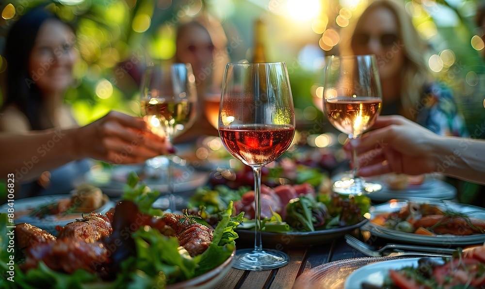 Happy friends clink red wine glasses at a garden dinner party, enjoying food and drinks on a restaurant patio, creating a vibrant lifestyle concept with outdoor dining. Happy friends clink red wine glasses at a garden dinner party, enjoying food and drinks on a restaurant patio, creating a vibrant lifestyle concept with outdoor dining.
