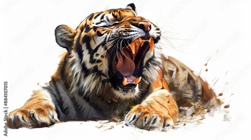 Obraz premium An artistic depiction of a tiger with its mouth open wide, roaring fiercely. The image captures the power, strength, and wild nature of the majestic tiger.