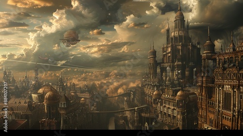 This image illustrates a steampunk cityscape under a dramatic sky, showcasing intricate architectural designs, airships, and vintage vibe, exuding a sense of adventure and nostalgia. photo