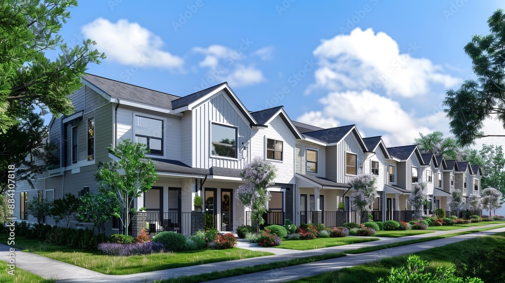 A picturesque scene showcases a row of suburban row homes with lush green gardens, clear skies, and inviting front porches, perfect for real estate and lifestyle imagery. A picturesque scene showcases a row of suburban row homes with lush green gardens, clear skies, and inviting front porches, perfect for real estate and lifestyle imagery.