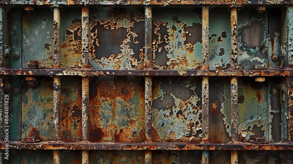 An abstract close-up image displaying rusted metal bars with layers of peeling paint - perfect for backgrounds and artistic texture applications in stock images. An abstract close-up image displaying rusted metal bars with layers of peeling paint - perfect for backgrounds and artistic texture applications in stock images.
