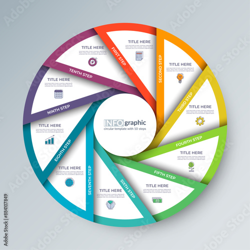 Infographic circular diagram with 10 options. Multi-step process chart with colorful segments, ideal for visualizing data, business strategies, educational concepts.