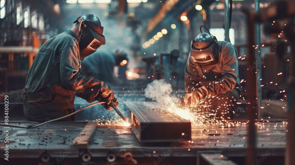Two welders in a factory forge metal with bright sparks flying. Symbolizes hard work and industrial strength. Ideal for use in manufacturing, business, and teamwork themes. Two welders in a factory forge metal with bright sparks flying. Symbolizes hard work and industrial strength. Ideal for use in manufacturing, business, and teamwork themes.