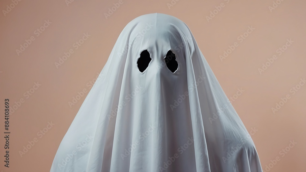 White ghost on pastel orange clear studio background. Minimal Halloween scary concept. Ghost sheet Halloween costume. Minimalist composition with copy space. Generative AI. White ghost on pastel orange clear studio background. Minimal Halloween scary concept. Ghost sheet Halloween costume. Minimalist composition with copy space. Generative AI.