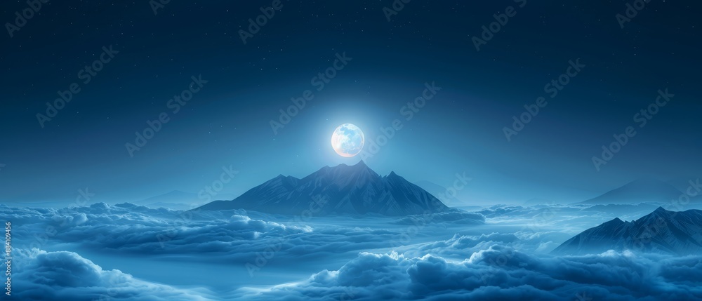 A clear view of a mountain peaks against the night sky, moon prominently positioned at its zenith above cloud cover A clear view of a mountain peaks against the night sky, moon prominently positioned at its zenith above cloud cover