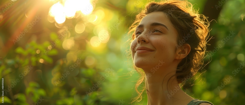 A woman poses before a tree, sun illuminating her face, wind rustling her flowing hair A woman poses before a tree, sun illuminating her face, wind rustling her flowing hair