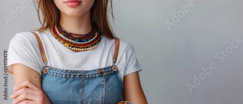  A woman wears a white shirt and blue overalls She accessorizes the outfit with a multicolored beaded necklace photo