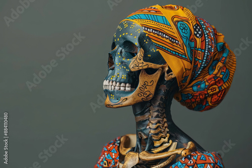 An African tribal patterned skeleton on a plain beige background, highlighting the vibrant colors and designs,