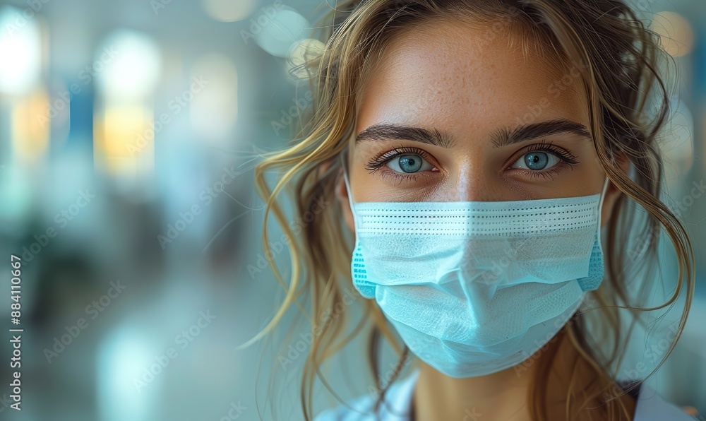 A female doctor therapist's portrait is covered by a facemask. A female doctor therapist's portrait is covered by a facemask.