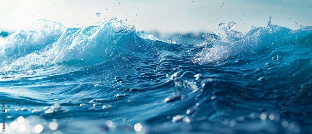 A blue ocean with vigorous water splashes at its sides and an abundance of bubbles surfacing A blue ocean with vigorous water splashes at its sides and an abundance of bubbles surfacing