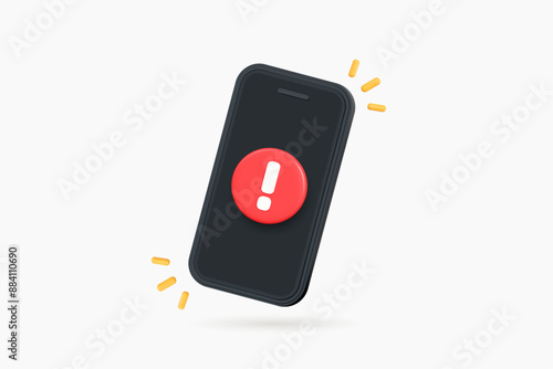 3D Phone with red exclamation mark. Smartphone with important notification. Spam in email. Mobile error or problem. Alert message. Warning sign. Cartoon design icon. 3D Vector illustration