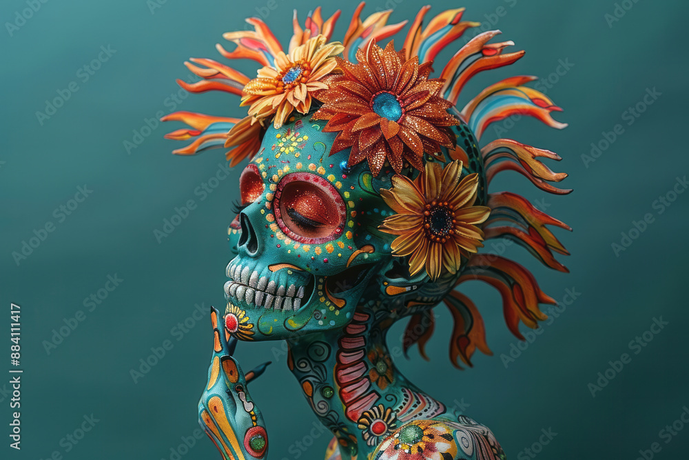 Fototapeta premium A Brazilian carnival-themed skeleton with colorful patterns, set against a minimalist green backdrop,