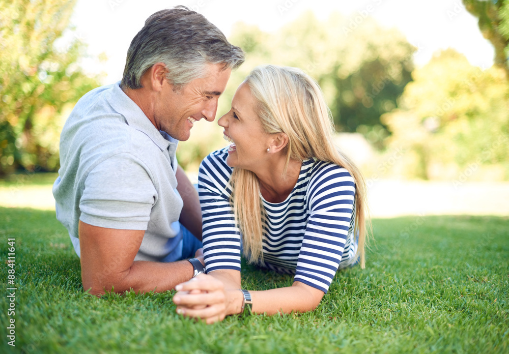 Laugh, relax and mature couple on grass outdoor at park for love, joke and romantic date. Happy man, woman and talking on lawn at garden for funny conversation, story and bonding together on holiday Laugh, relax and mature couple on grass outdoor at park for love, joke and romantic date. Happy man, woman and talking on lawn at garden for funny conversation, story and bonding together on holiday