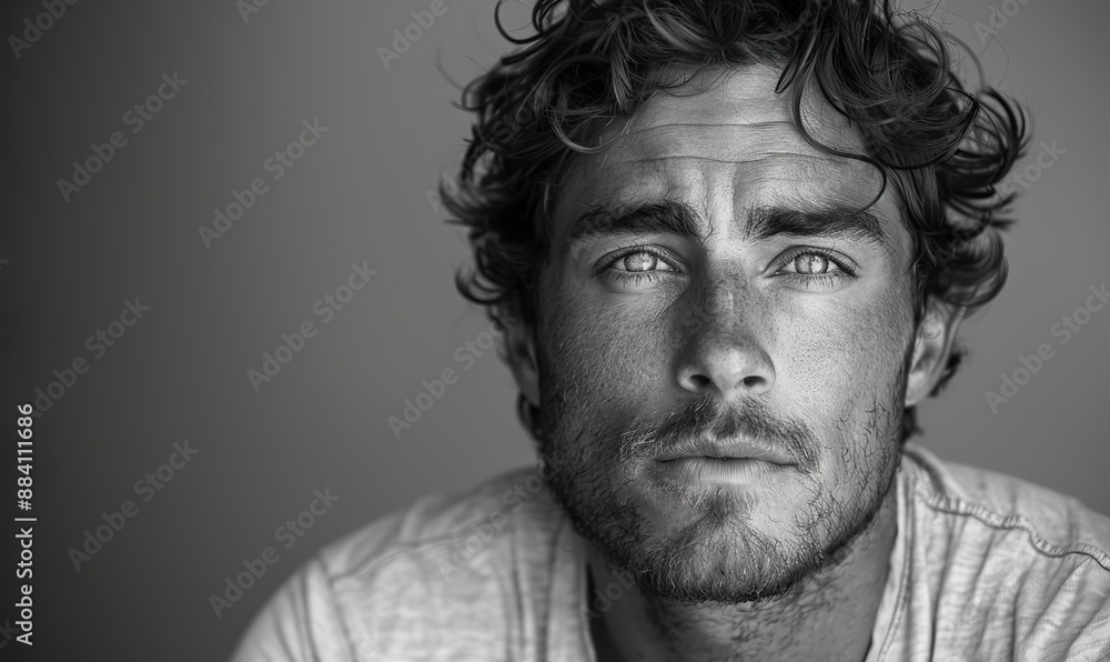 A black-and-white portrait captures an isolated handsome man against a white background with the text A black-and-white portrait captures an isolated handsome man against a white background with the text
