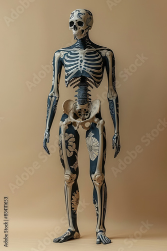 A Native Hawaiian kapa patterned skeleton with traditional designs, placed on a plain beige backdrop, photo