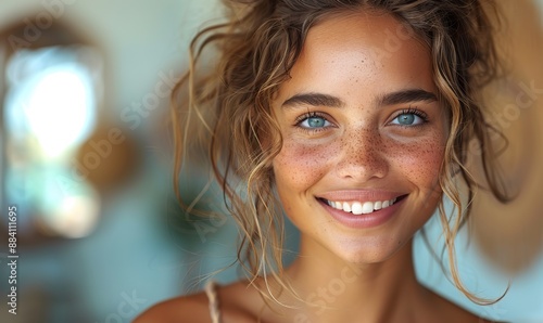 Portrait of a woman on a date, with a radiant smile. photo