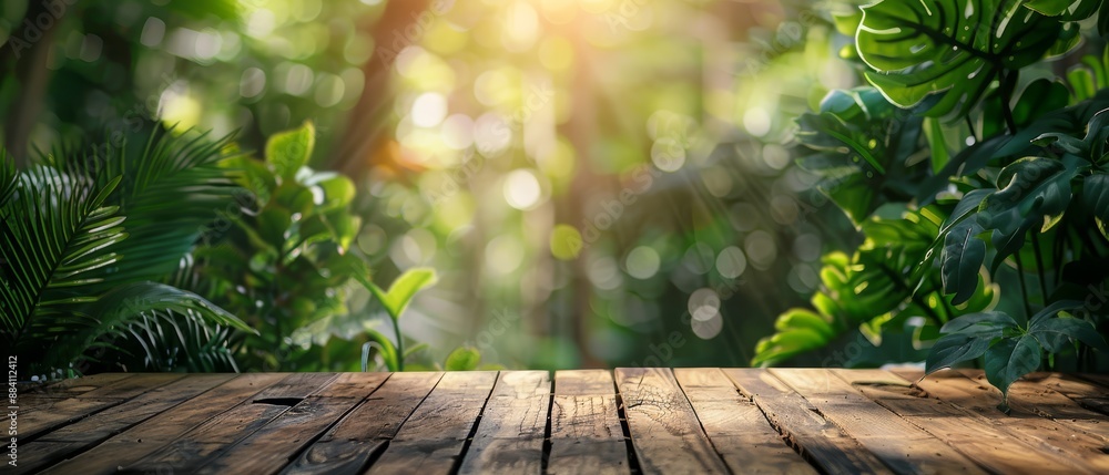 A wooden table sits amidst a dense forest, its surface blanketed by numerous leaves A wooden table sits amidst a dense forest, its surface blanketed by numerous leaves