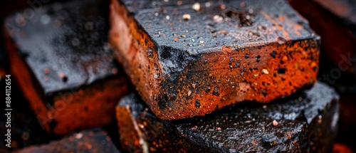  A tight shot of a heap of weathered metal fragments, coated in black rust and speckled with minuscule flecks of earth photo