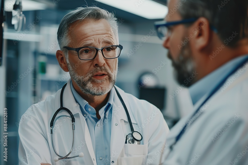 Senior Doctor Advising Young Doctor in Office Senior Doctor Advising Young Doctor in Office