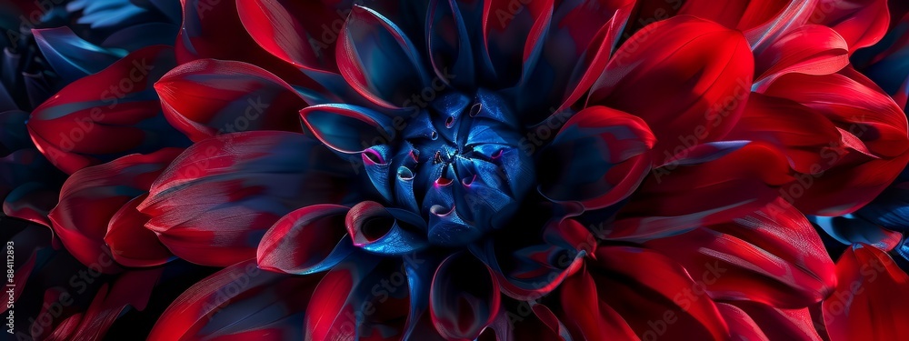 A red and blue flower with a face imaged blurrily within its petals A red and blue flower with a face imaged blurrily within its petals