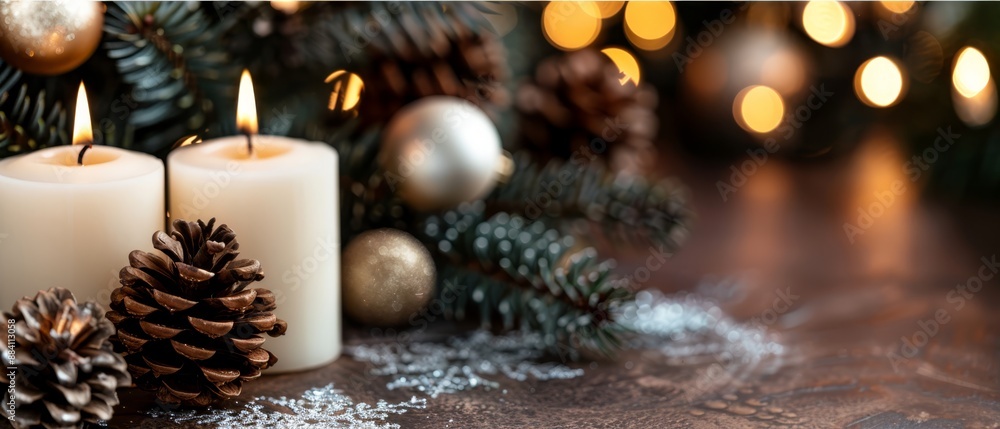 Two white candles atop a table, alongside a pine cone and a Christmas ornament Two white candles atop a table, alongside a pine cone and a Christmas ornament