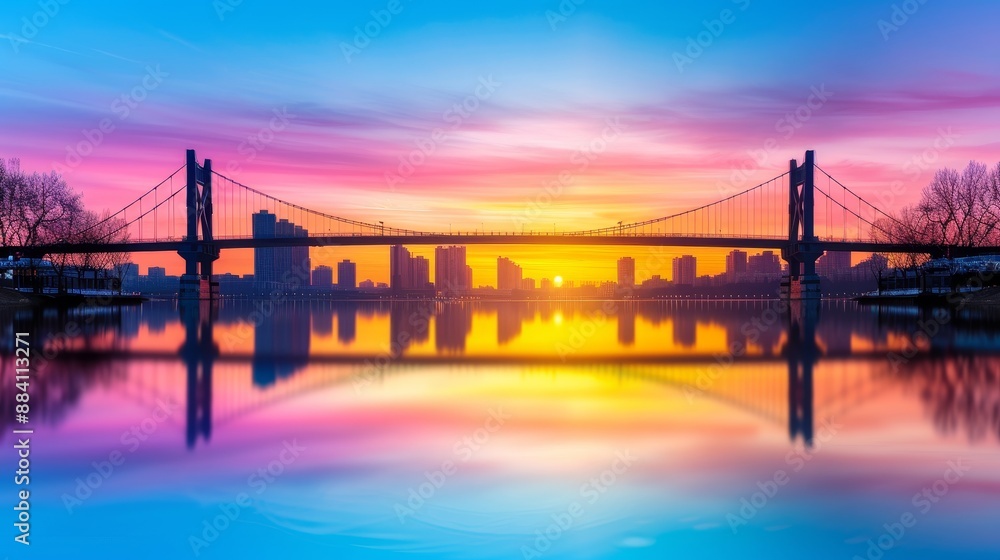 Fototapeta premium vibrant sunset over cityscape with bridge reflection.
