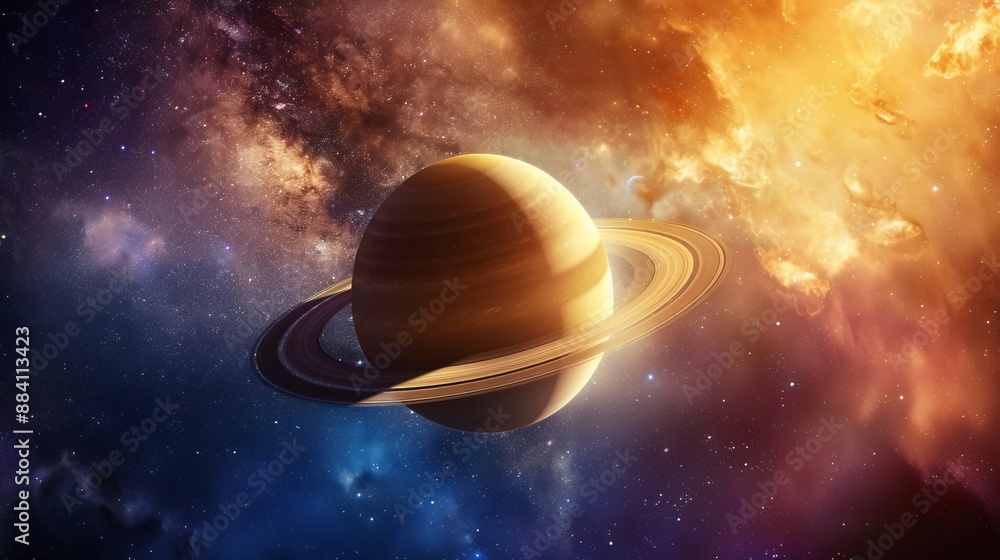 This image showcases a breathtaking view of a mysterious planet surrounded by brilliant rings, set against a backdrop of strikingly colorful cosmic clouds and stardust. This image showcases a breathtaking view of a mysterious planet surrounded by brilliant rings, set against a backdrop of strikingly colorful cosmic clouds and stardust.