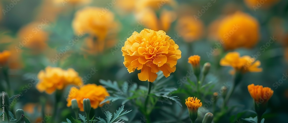 A tight shot of a vibrant yellow flower against a hazy backdrop of similar blooms A tight shot of a vibrant yellow flower against a hazy backdrop of similar blooms