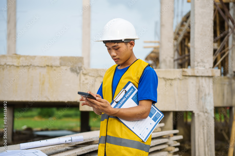 An architect, wearing a hardhat and safety vest, checks a laptop and house plan paper on a clipboard. Blueprints and construction documents lie nearby, emphasizing safety and precision in building. An architect, wearing a hardhat and safety vest, checks a laptop and house plan paper on a clipboard. Blueprints and construction documents lie nearby, emphasizing safety and precision in building.