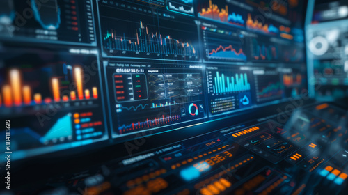 Wallpaper Mural Modern virtual screen with financial data charts on the stock market. Monitoring panel on a digital screen on a dark background. Financial management technology. Torontodigital.ca