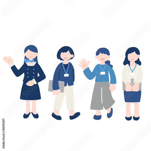 4人の横に並ぶビジネスパーソン[女性]のフラットなイラスト