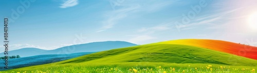 tranquil green hills with vibrant sunset sky - stunning landscape photography.