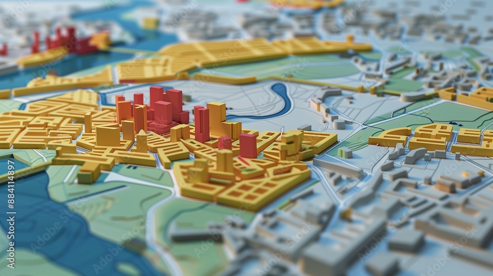 Naklejka premium Digital 3D map terrain showcasing GIS geodata mapping concept, highlighting topography, elevation, and spatial data analysis.