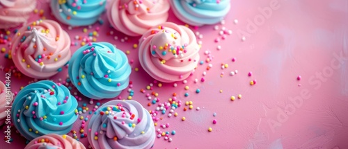  A collection of cupcakes, adorned with frosting and sprinkles, atop a pink-blue background