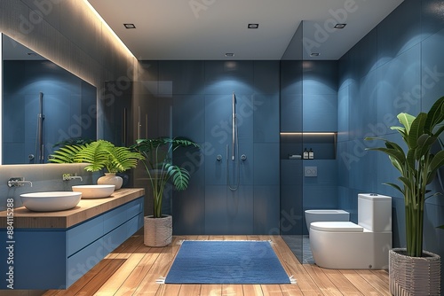 Modern bathroom interior with blue double vanity