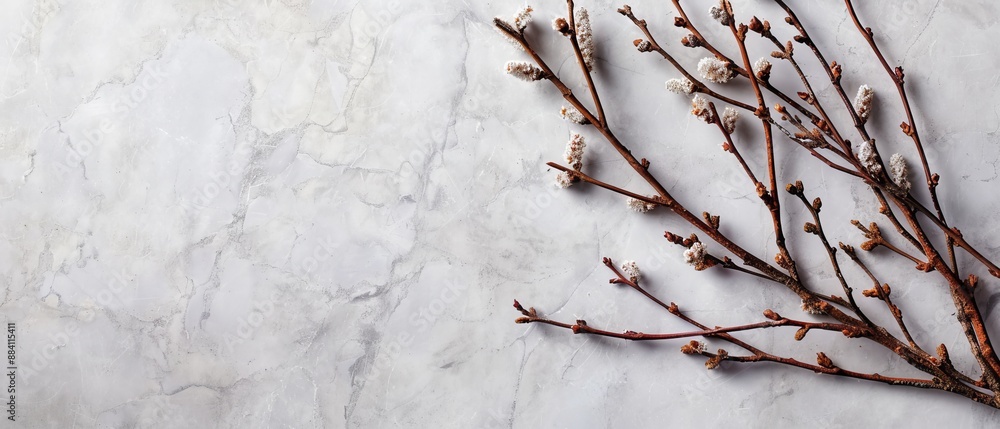 A branch of a tree, bearing white flowers and buds against a pristine white marble surface A branch of a tree, bearing white flowers and buds against a pristine white marble surface