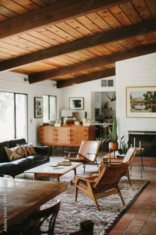 Fototapeta premium Mid-century modern interior, living space, livingroom