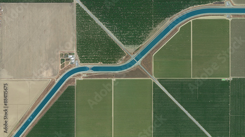 irrigation canal and fields Irrigation canal that divides the fields into two looking down aerial view from above, bird’s eye view irrigation canal and fields, California, USA