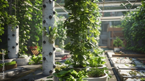 Capture a community garden in a future city where residents grow their own food using advanced hydroponic