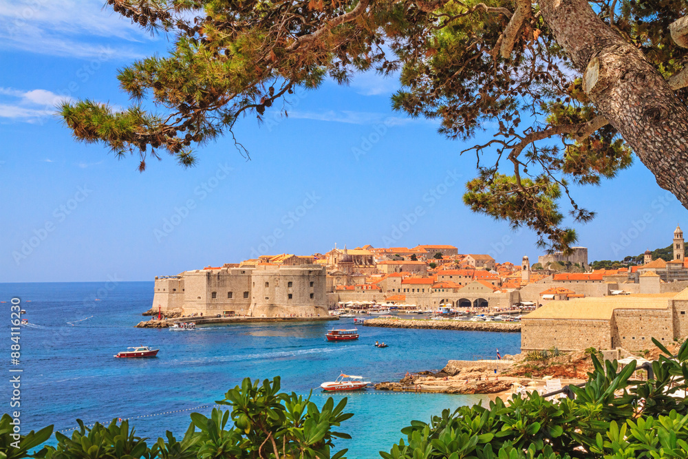 Coastal summer landscape - view of the City Harbour and marina of the Old Town of Dubrovnik on the Adriatic coast of Croatia